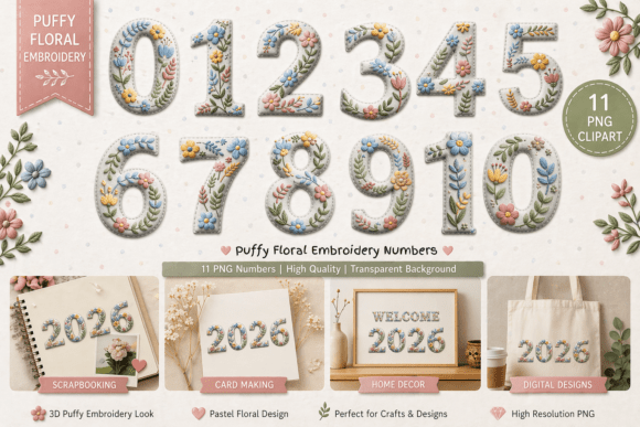 Puffy Floral Embroidery Numbers 0-10: Creative Design Elements for Every Project